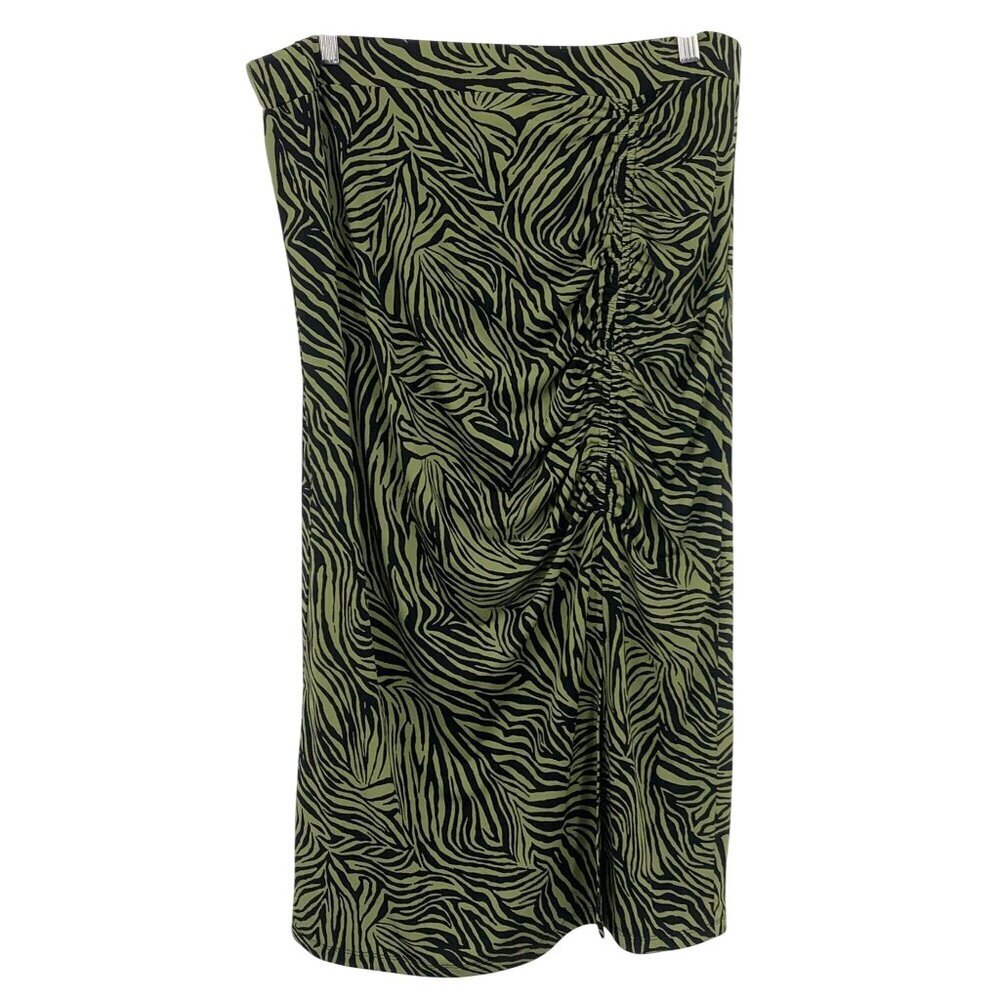 Michael Kors XL Extra Large Midi Skirt Green Ruched Zebra Slit Women EUC